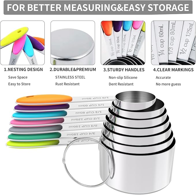 TILUCK Nesting Measuring Cups and Spoons Set, Stainless Steel with Soft Silicone Handle – Heavy Duty & Dishwasher Safe for Measuring Dry/Liquid Ingredients, Ideal for Cooking & Baking (12)