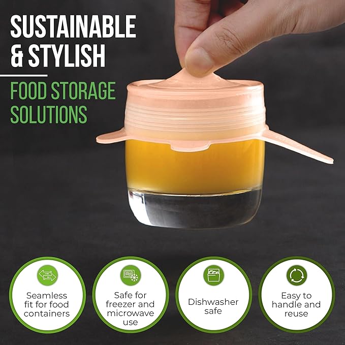 Reusable Silicone Stretch Lids for Food Storage in Fridge - Elastic Heat-Resistant Bowl Covers, Cups, Cans, Jars - Universal Food Grade Lid for Containers - 7 Pack - Apricot Stretchy Lid Set