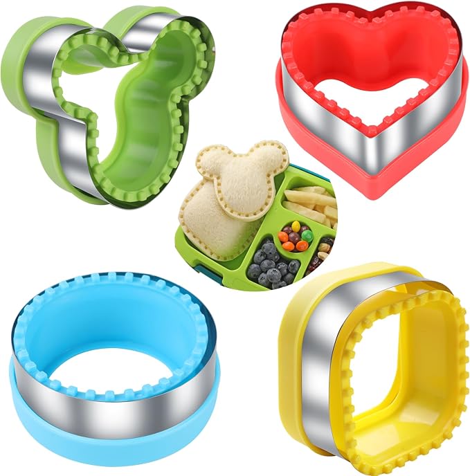ETERSION Uncrustable Sandwich Cutter, Stainless Steel, 4 Pieces 4 Shapes | Crustless bread sealer decruster, 4-inch detachable food-grade grips, seals edges for kids school lunch, bento and baking