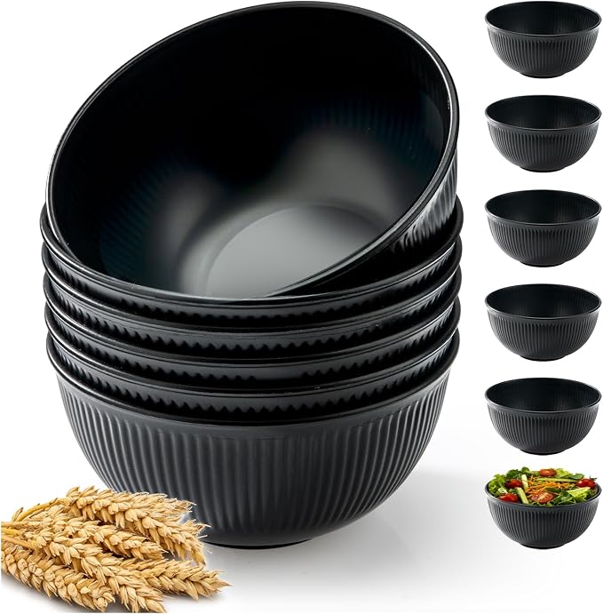 Unbreakable Cereal Bowls, 24 oz, Carbon Black, 6 Pcs | Wheat Straw Fiber, Reusable Plastic, Lightweight, For Salads Soups Ramen Noodles