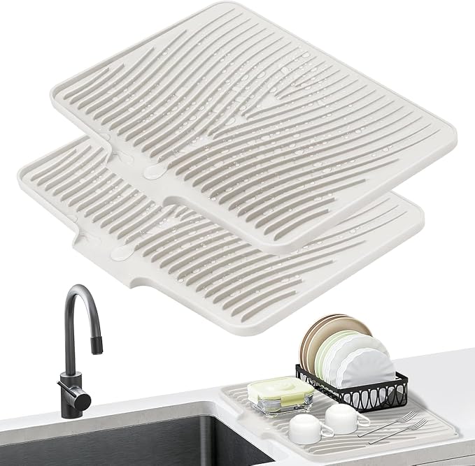 Silicone Dish Drying Mat for Kitchen counter | 15.8"x13" Dish Drainer Mat,Heat-Resistant Kitchen Counter Mat & Over-Sink Drying Tray,Can Be Hung,Cream-2pcs