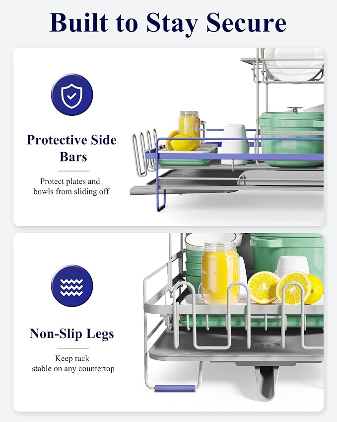 Kitsure Extendable Dish Drying Rack, 19.2"-26.7" L x 12.9" W, 2-Tier | Large Dish Rack, Multifunctional Dish Rack for Kitchen Counter, Anti-Rust Dish Drainers with Cutlery & Cup Holders,Grey