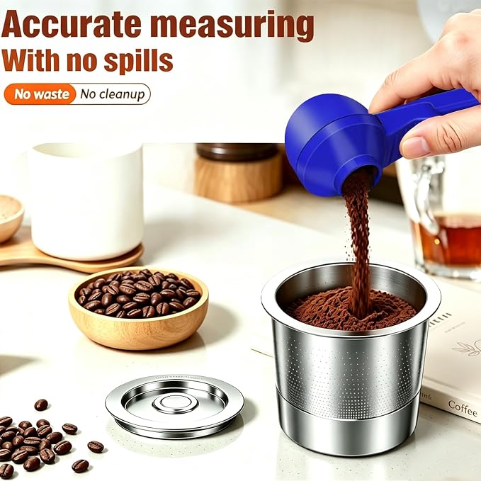 2-in-1 Coffee Scoop with Funnel, 2 Tbsp Measuring Spoon for Reusable K Cups, Ground Coffee, Protein Powder & Tea, Mess-Free Plastic Design（Dark Blue-1pack）