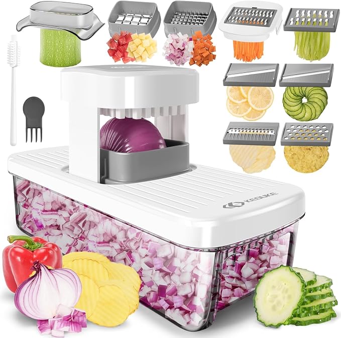 KEOUKE 8-in-1 Vertical Vegetable Chopper Mandoline Slicer with Container White - Safe Tap Out Dicer with Hand Guard for Kitchen Easy Food Prep, Onion Potato Veggie Fruit