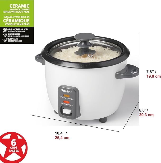 Starfrit Electric Rice Cooker, 6 Cups, Ceramic Nonstick, 300W | Makes up to 6 cups. Cook & keep warm. Ceramic nonstick pot. Steamer basket included. 300W performance.