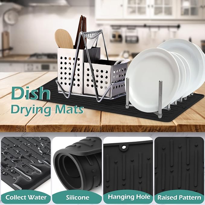 Dish Drying Mats, Heat-resistant Silicone Mat for Kitchen Counter, Non-Slip Dish Dry Mat Dishwasher Safe Large, Black