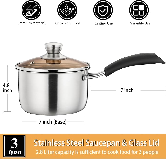 P&P CHEF 3 Quart Sauce Pan With Lid, Small Pot Saucepan for Milk, 1 Pc | Stainless Steel Saucepan, Small Sauce Pot for Cooking, Visible Glass Lid & Bakelite Heat-Proof Handles,Dishwasher Safe