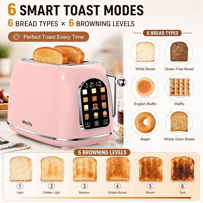 Mecity Toaster 2 Slice, Touch Screen Wide Slot Retro Toaster For Breads Bagel Muffin Waffle, House Warming Gift New Home, 120V 825W, Pink Color