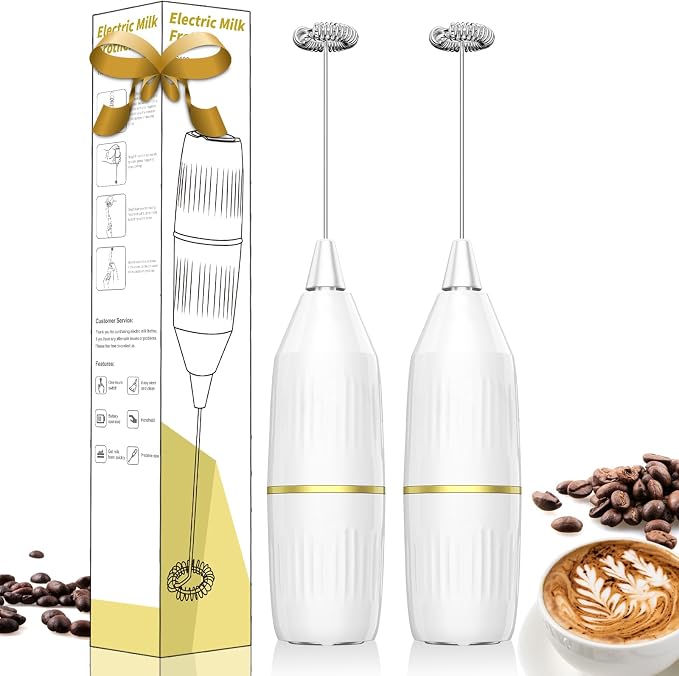 2 Pack Milk Frother Standable No Stand Needed, Battery Operated (White)