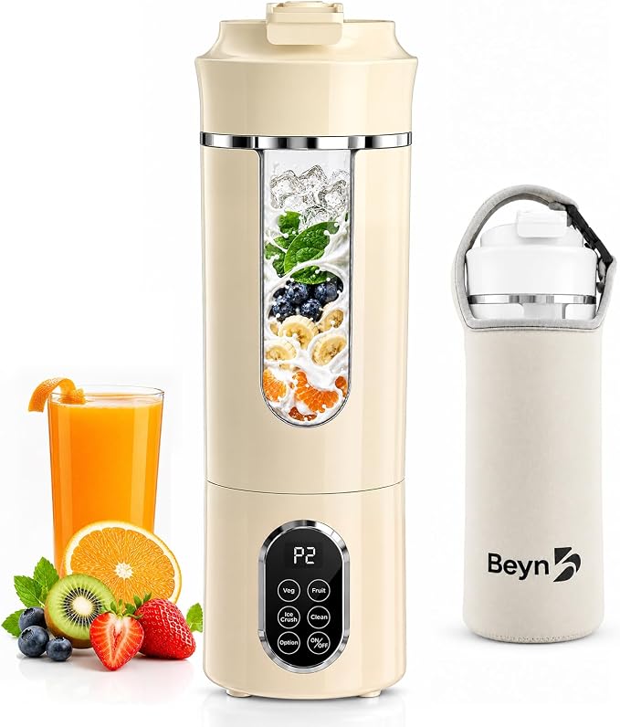 Beyn 530mL Portable Blender, Personal Smoothie Maker, USB-C Cordless, 12 Stainless Steel Blades, Leakproof Travel Cup, Digital One-Touch Self-Clean for Gym Home Office, (Yellow)