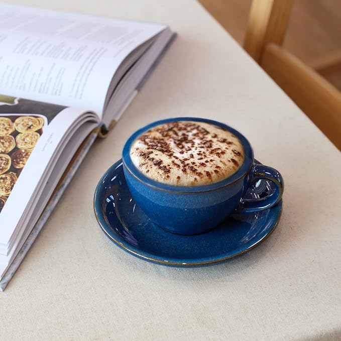 LE TAUCI 8 oz Cappuccino Cups with Saucers, Set of 4, Large Ceramic Coffee Cup Set for Au Lait, Flat White, Latte, Cafe Mocha, Tea, Embossed - Ceylon Blue