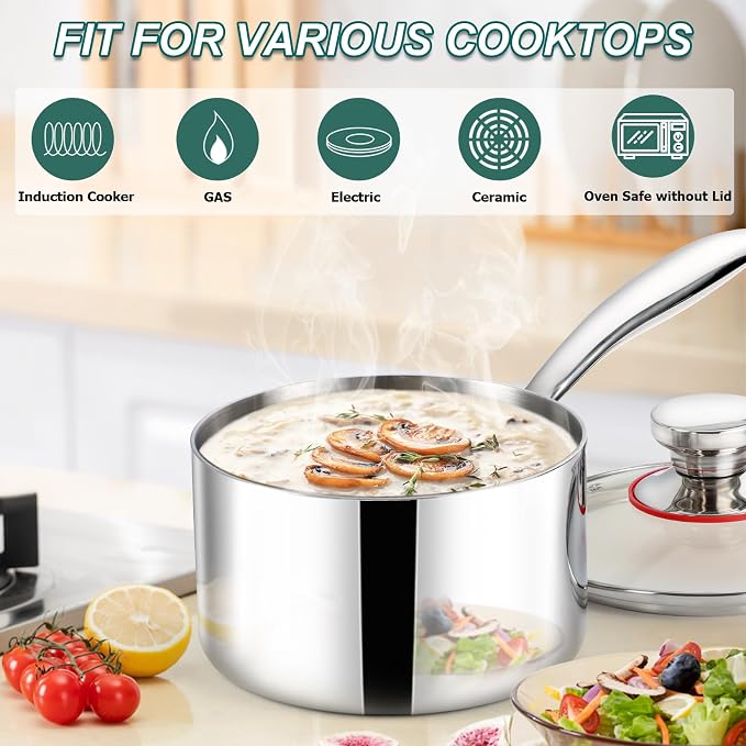 TeamFar 3qt Saucepan with Lid, Stainless Steel Tri-Ply Sauce Milk Pan | Small Cooking Pot with Ergonomic Handle, for Induction/ Gas/ Electric/ Ceramic, Healthy & Dishwasher Safe