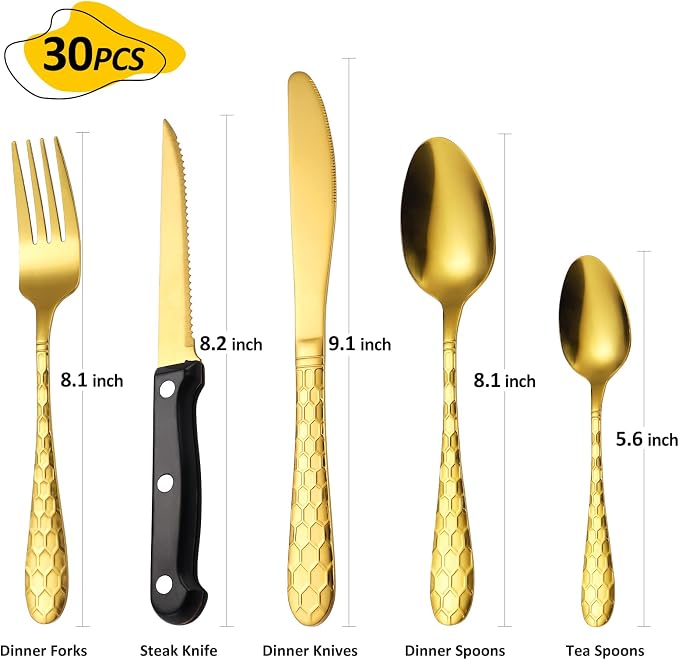 30 Pcs Gold Hammered Silverware Set Service for 6,with Steak Knives Stainless Steel Flatware Set,Mirror Cutlery Utensil,Durable Kitchen Tableware,Ripple Teardrop Fork Knife Spoon,Dishwasher Safe
