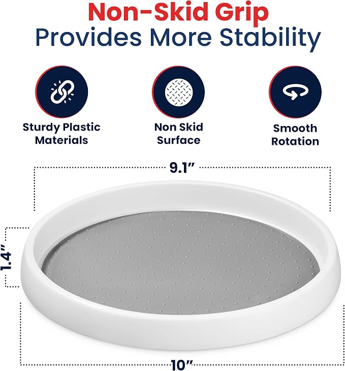 Oizeir Lazy Susan Organizer Set of 4, 10 Inch Non-Skid Turntable for Cabinet, Pantry, Kitchen, Countertop, Fridge, Bathroom – Durable Plastic Rotating Storage Tray, White