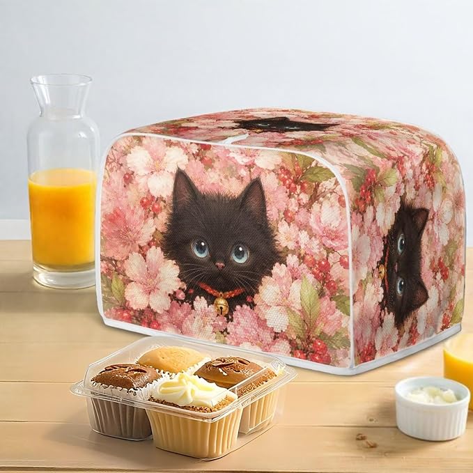 Black Cat Print Toaster Oven Dust Cover 2 Slice Cherry Blossom Print Bread Maker Cover Decorative Small Kitchen Appliance Covers for Kitchen Counter