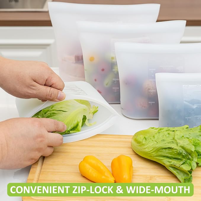 100% Silicone Reusable Storage Bag Quart Size, 9 Pack Stand-Up Wide-Mouth Zip-Lock Food Storage Bags, Easy-Fill Easy-Open Easy-Clean Space-Saving, Microwave & Dishwasher Safe, 34oz, Translucent