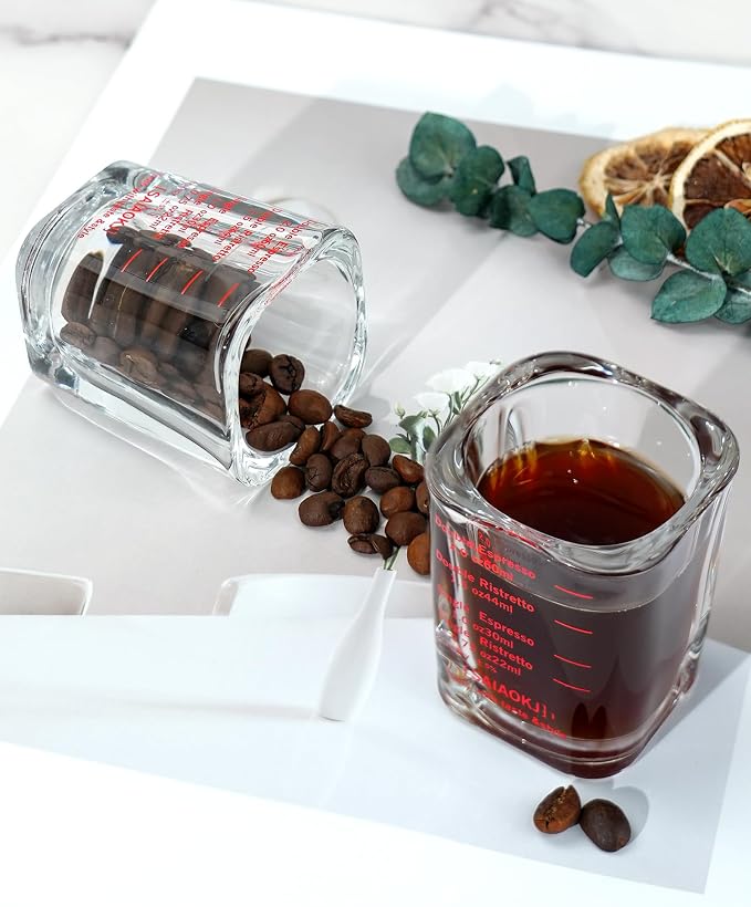 Shot Glass Measuring Cup Set, 2 Pack 2 Oz Square Espresso Glasses (Red) | Square glass measuring cups feature oz, ml, tsp and tbsp markings for espresso, liquor, medicine, desserts and recipes