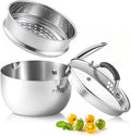 Tri-Ply Stainless Steel Sauce Pan, 2.5 Qt Saucepan with Steamer | Non-Toxic, Dual Pour Spouts, Measurement Mark, Anti-Scald Handle, Compatible All Cooktops, Oven Safe 500°F, Dishwasher Safe