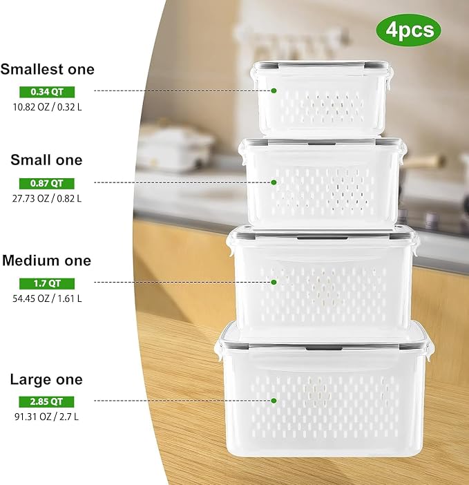 Fruit Storage Containers for Fridge with Removable Colander 4 PCS | Airtight Food Storage Container Dishwasher Safe Produce Saver for Refrigerator Keep Berry Fruit Fresh Longer Small Clear