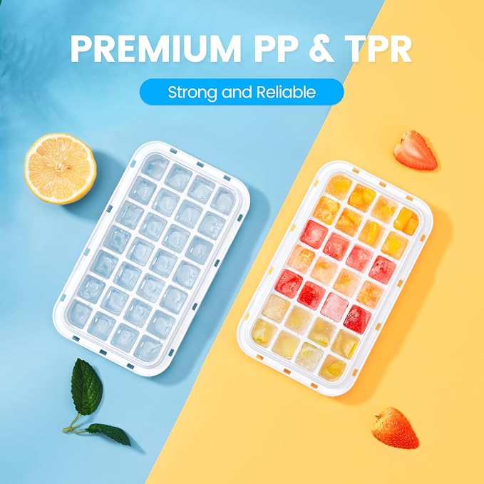 Ice Cube Tray with Lid and Bin, Easy Release 56 Cubes for Freezer | Food-grade BPA-free PP and ABS. Ice cubes for fruit, cocktails, iced coffee. Space-saving stackable with scoop