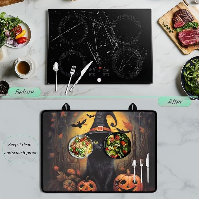 Black Cat Pumpkin Print Top Cover for Electric Stove, 30 x 21 Inch Stove Top Protector, Ceramic Glass Electric Stove Top Cover, Glass Stove Top Protector Halloween Kitchen Decor