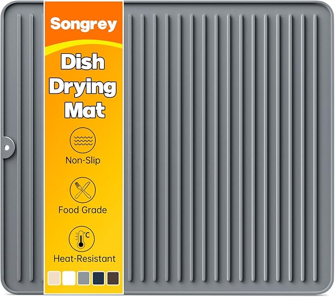 Songrey Silicone Dish Drying Mat for Kitchen Counter, 18" x 16", Dark Gray | Drying Pad for Sink Dishes or Under Rack, Multi-Use as Heat Resistant Trivet, Coffee Bar Mat