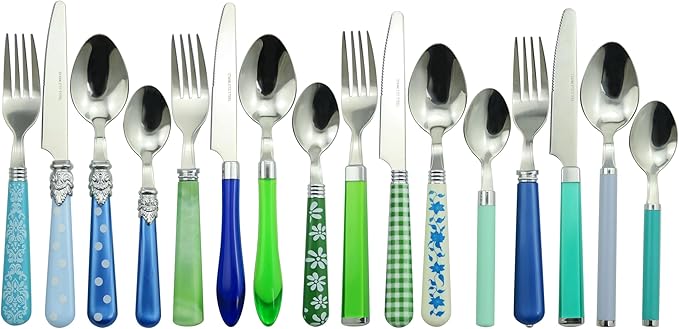 Gypsy Color Eclectic Blue & Green Mix & Match Stainless Steel Flatware Collection, Set of 16