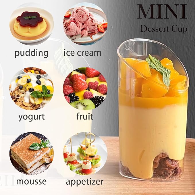 Hiasobre 3 oz Plastic Dessert Cups with Spoons, 50 Pack | Clear Mini Reusable Slanted Triangle Parfait Appetizer Cups, Small Shooter Serving Bowls, Dessert Shot Glasses for Tasting