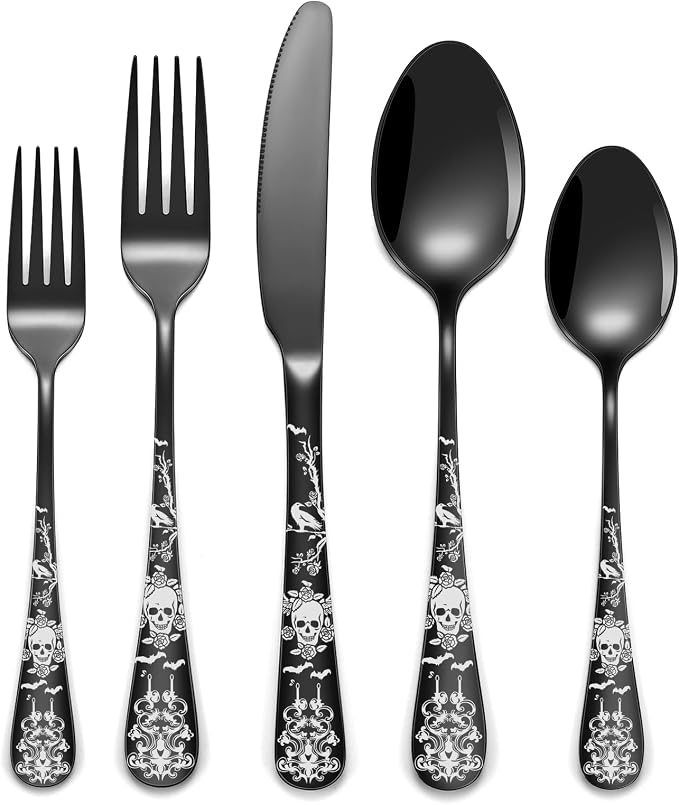 40-Piece Black Skull Silverware Set for 8, Flatware Set Stainless Steel Spoons,Forks,Knife Pattern Unique Design Utensil Sets Tableware Cutlery, Mirror Polished, Dishwasher Safe