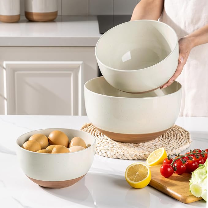 AmorArc Ceramic Mixing Bowls|Nesting Bowls Set of 3 for Kitchen|Stoneware Serving Bowls with Rustic Terracotta Underside for Mixing,Cooking,Baking,Salad| Microwave & Dishwasher Safe 4.6/2.8/1.3 Qt