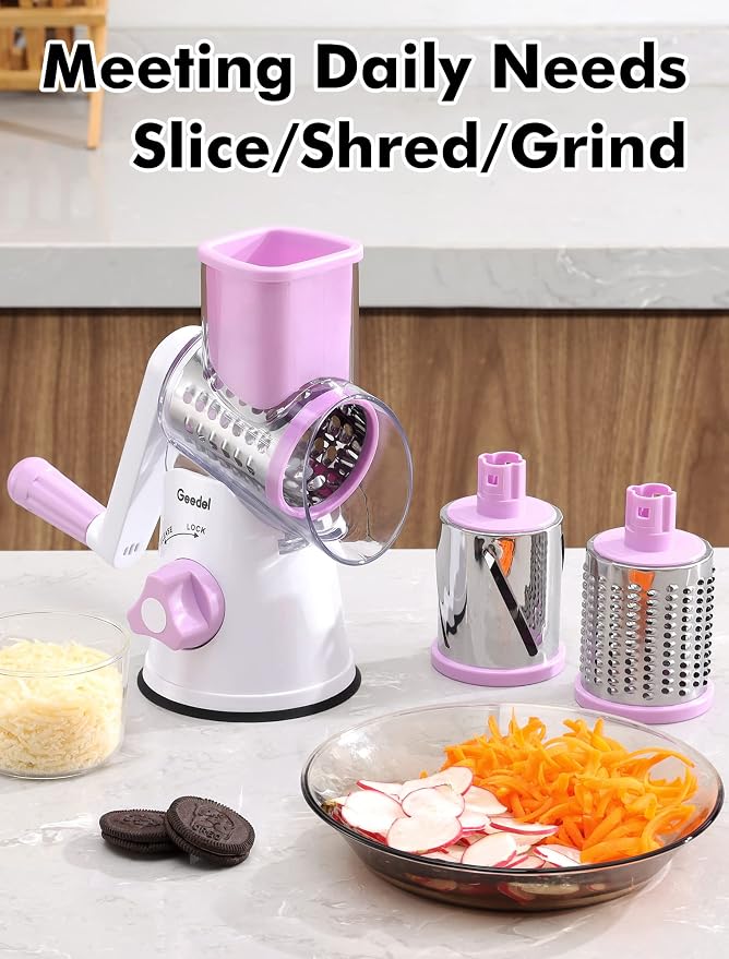 Geedel Rotary Cheese Grater Hand Crank, Cheese Shredder Vegetable Slicer | 3 Blades, 430 Stainless Steel, 12x Fast Cutting, Strong Suction Base, No BPA, Dishwasher Safe, for Cheese, Veggie, Nut