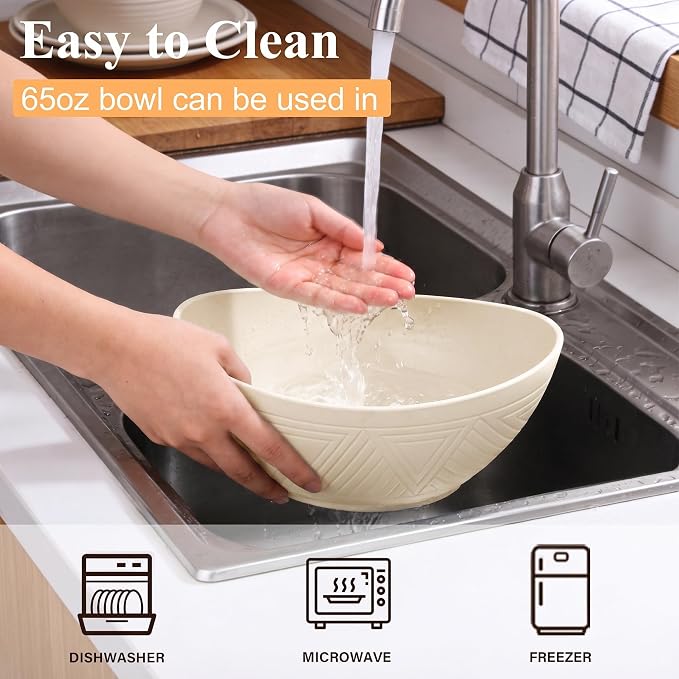 Large Bowls 65 OZ, Wheat Straw Bowls Set of 4, Unbreakable Salad Bowl, Microwave & Dishwasher Safe Big Bowl, Kitchen Serving Bowl for Salad, Cereal, Soup and Oatmeal (Beige)