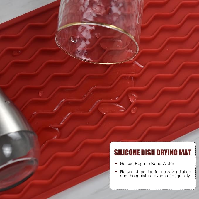 Silicone Dish Drying Mat, Non-Slip Easy Clean Sink Mat, Red, 12" x 6" | Quick-Dry Ridges, Large Heat-resistant Dish Drainer Mat for Kitchen Counter, Hangable & Roll-Up for Storage, Dishwasher Safe