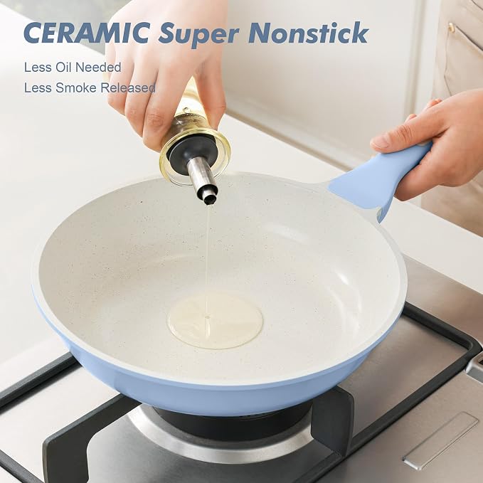 SENSARTE 9.5Inch Nonstick Ceramic Frying Pan with Lid, PFAS/PTFE Free, Blue | Ceramic Omelette Pan Skillet, Healthy Non-toxic Chef's Pan, Induction Compatible Pan, Heat Resistant Handle
