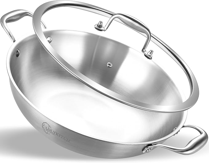 LOLYKITCH 13-Inch Stainless Steel Wok with Lid | 5.5-Quart | Dual Handles | Uncoated Tri-Ply Stir Fry Pan | Everyday Cooking Wok for Induction | Flat Bottom | PFOA-FREE | 4-5 Servings ﻿