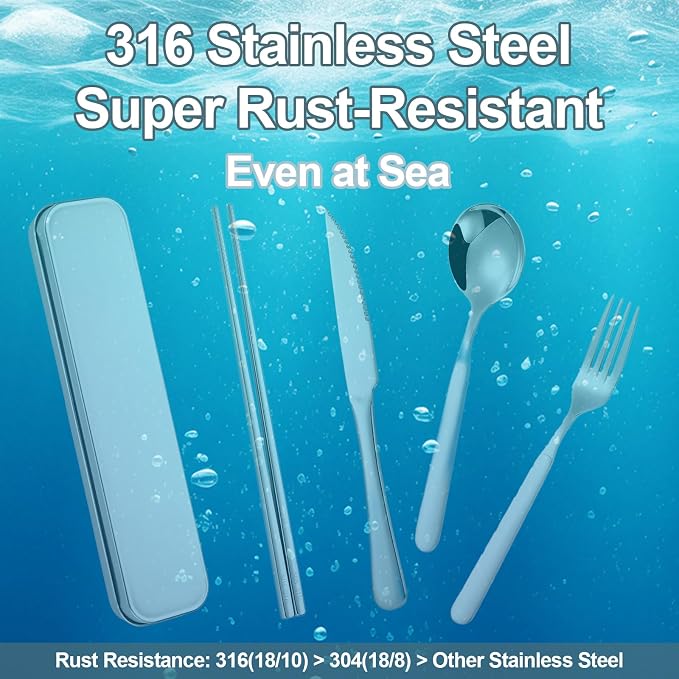 316 Stainless Steel Travel Utensils Set with Case - Food Grade Reusable Cutlery for Work, Camping, Picnic, Lunch Box - Include Fork, Knife, Spoon, Chopsticks