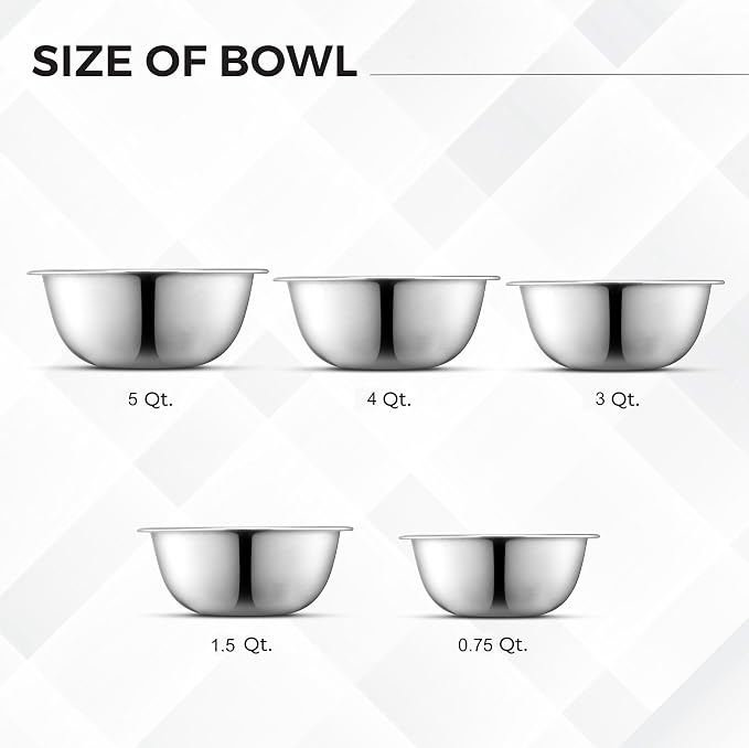 Premium Stainless Steel Mixing Bowls, Set of 5 Brushed Stainless Steel Mixing Bowl Set, Easy To Clean, Space Saving, Great for Cooking, Baking, Prepping (5 Pc Mixing Bowl)