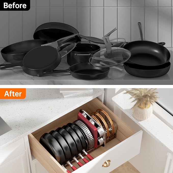MUDEELA Expandable Pot Pan Lid Organizers inside Cabinet, 12 Divider-Bronze | Expandable 11.8–22.9", 12 Adjustable Divider, Tool-Free Assembly, Non-Slip, Scratch-Proof, For Pan Lid Cutting Board Bakeware