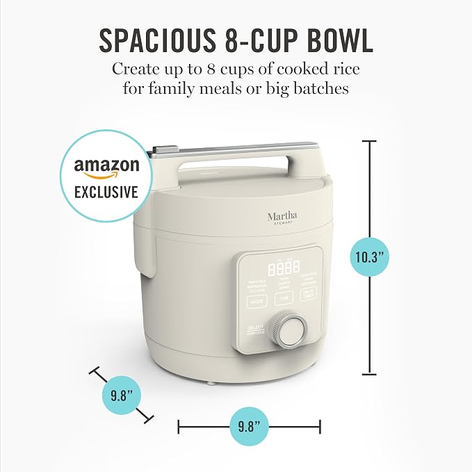 Martha Stewart 8 Cup Cooked (4 Cup Uncooked) Rice Cooker & Steamer, Linen | PFAS-Free Ceramic Nonstick Removable Pot, 9 Modes, Keep Warm, Steamer, White & Brown Rice, Quinoa, Grains, Oats, Easy Clean