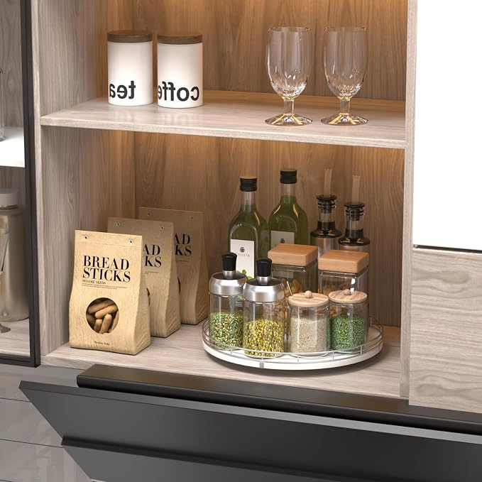 Oroyutor 12-Inch Oak Lazy Susan Spice Organizer with Silver Metal Rail | Rotating oak tray organizes spices, toiletries and decor on kitchen counters, bathroom vanities, dining and coffee tables.