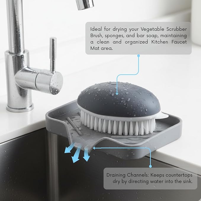 LEONBRANDS 3-Piece Vegetable Brush for Food and Silicone Sink Mat Set - Ergonomic Potato Scrubber for Deep Cleaning - Gray Kitchen Faucet Splash Guard and Veggie Brush Combo