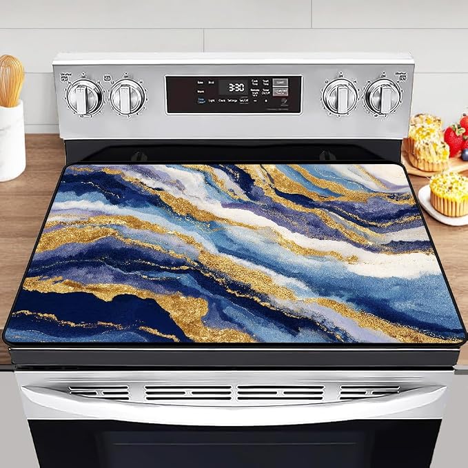 Blue Golden Marble Glass Stove Top Cover Protector,Heat Resistant Range Ceramic Stove Top Covers Mat,Abstract Pattern Cooktop Protector,Beautiful Glass Cooktop Protector