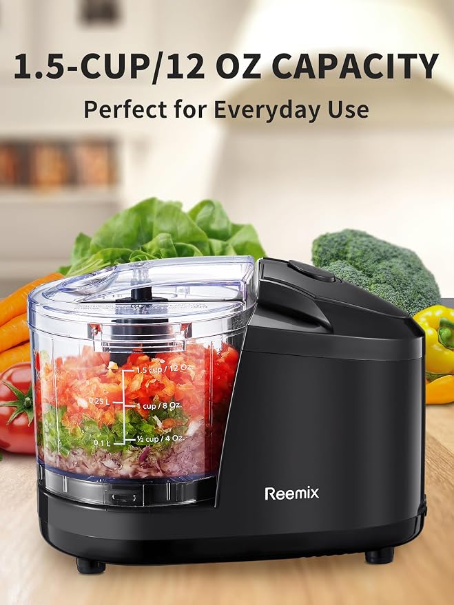 Reemix 1.5-Cup Electric Food Chopper, 100W Mini Food Processor Meat Grinder | One-Touch, Mix, Chop, Mince and Blend Vegetables, Fruits, Nuts, Meats, Stainless Steel Blade (Black)