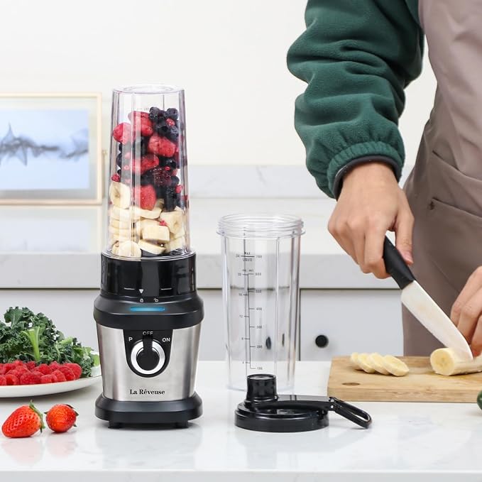 La Reveuse Smoothie Blender with 2 x 24oz To-Go Cups, 400W, Stainless Steel | Personal Size For Protein Shakes, Smoothies, Ice Crushing, BPA-free Cups and Spout Lids, Dishwasher Safe, 1 Speed and Pulse