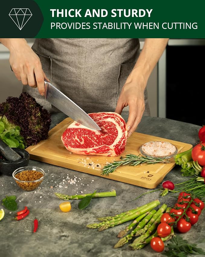 ROYAL CRAFT WOOD Wooden Cutting Boards for Kitchen Meal Prep & Serving - Bamboo Wood Serving Board Set with Deep Juice Groove Side Handles - Charcuterie & Chopping Butcher Block for Meat