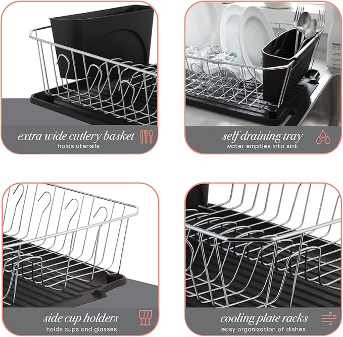 Kitchen Details 3 Piece Dish Rack | Drying Rack, Cutlery Basket & Drainboard Tray | Countertop | Self Draining | Open Wire Design | Chrome | Black