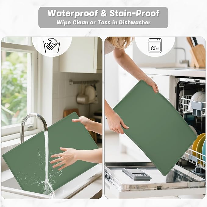 Rnivvi Silicone Coffee Mat, 16" x 24" Waterproof Raised Edge Coffee Bar Mats for Espresso Machine Station Accessories, Heat Resistant Dish Drying Pad for Kitchen Counter, Rubber Bar Decor Pad, Green