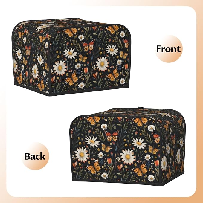 4 Slice Toaster Cover Vintage Butterfly Daisy Leaf Dust Proof Washable Kitchen Appliance Cover with Pocket, Oxford Fabric Countertop Toaster Protector for Standard Toasters Small Appliances