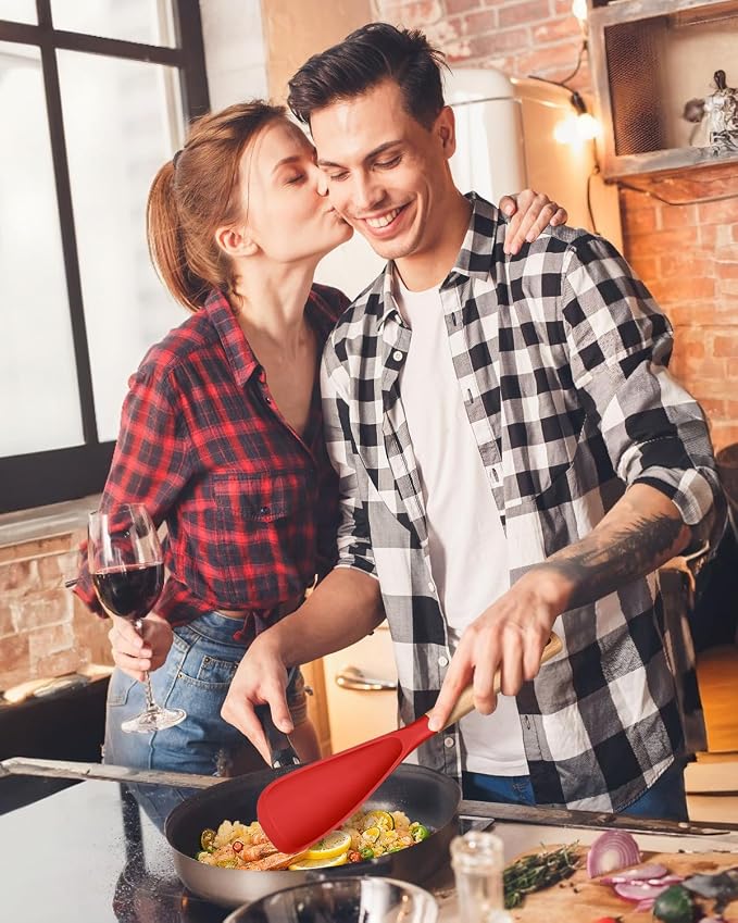 Multifunction Spoon for Nonstick Cookwares, Great for Cooking and Serving, Sturdy BPA-Free Matte Silicone, Wood Handle spoonula for Mixing, Scoop, and Scrape, Red(2 pack,11.4" & 13.4")