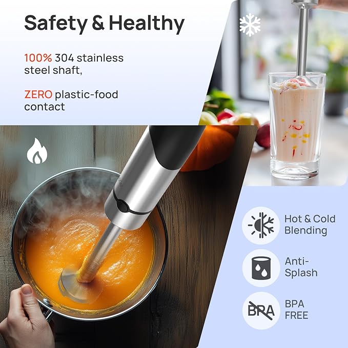 Consciot 4 in 1 Immersion Hand Blender Max 1100W, Corded Stick Emulsifier with Entire Stainless Steel Blender Shaft, Trigger Speed Control, For Blending, Beating, Frothing, Mixing & More, Non-BPA | Corded Stick Emulsifier with Entire Stainless Steel Bl...